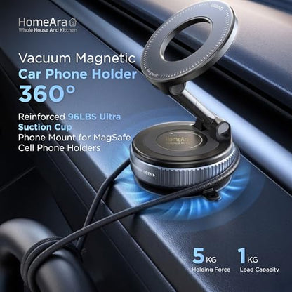 Magnetic Car Phone Holder Mount, 95LB Vacuum Suction Cup Phone Mount, MagSafe Compatible, 360° Adjustable Dashboard & Windshield Holder for iPhone, Samsung & Android