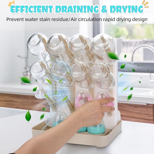 Baby Bottle Drying Rack: Space Saving Vertical Bottle Drying Holder with Brushes Holder - Large Bottle Storage Holder Organizer 12 Bottles & Baby Accessories,BPA-Free, Beige - color: Beige
