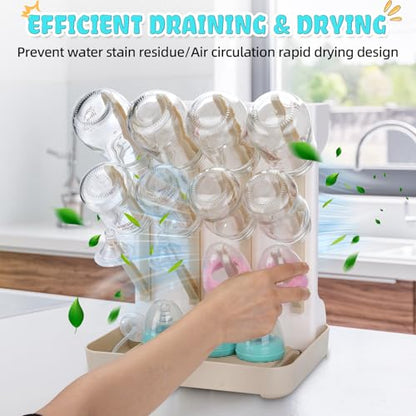 Baby Bottle Drying Rack: Space Saving Vertical Bottle Drying Holder with Brushes Holder - Large Bottle Storage Holder Organizer 12 Bottles & Baby Accessories,BPA-Free, Beige - color: Beige