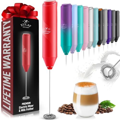 Zulay Kitchen Powerful Milk Frother Wand - Handheld Stainless Steel - Battery Operated Drink Mixer for Coffee, Lattes, Cappuccino, Matcha - Froth Mate Frother Gift - Apple Red - color: Apple Red, size: Classic Froth Mate