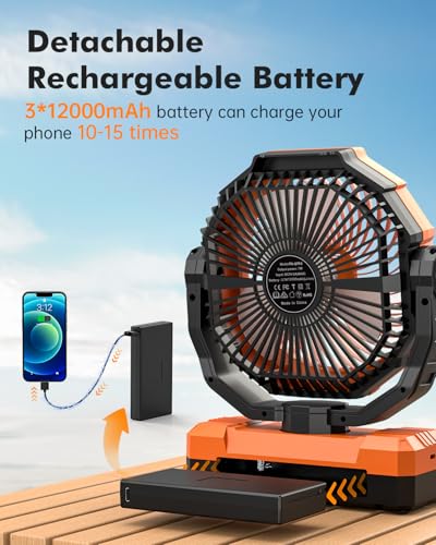3-in-1 Camping Fan - 36000mAh Detachable Rechargeable Battery Operated Fan with Light & Hook for Tent, Outdoor - USB Table Fan with 4 Speeds for Picnic, BBQ, Fishing, Travel, Hurricane - size: 36000
