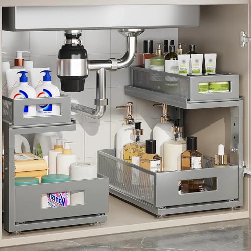 2 Pack 15.74IN-Depth Under Sink Organizer With Next-Gen Ball-Bearing Slides,2-Tier Pull Out Cabinet Storage,Height Adjustable Drawer Shelf for Bathroom,Kitchen,Laundry,Cabinet,Pantry-Gun Gray - color: Gun Gray, size: 2 Pack-15.74"Dx12.8"-16.9"H