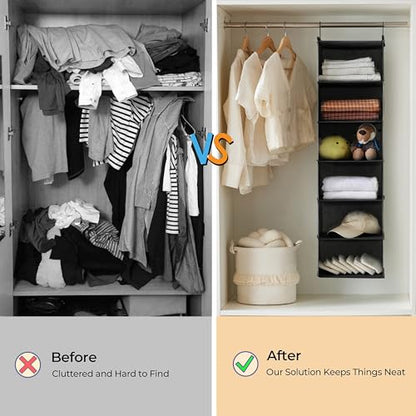 MAX Houser 6 Tier Shelf Hanging Closet Organizer, Closet Hanging Shelf with 2 Sturdy Hooks for Storage, Foldable (Black) - color: Black