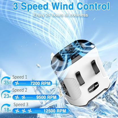 Sunoony Waist Fan Clip on Shirt Belt Body Wearable Hand-Free Rechargeable Battery Powered Fan with 3 Speed & Flashlight Cooling Portable Neck Fan for Outdoor Travel