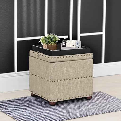 Adeco 18 Inch High Cube Ottoman Storage, Linen Beige Chair Foot Stools with Tray, Upholstered Vanity Stool with Solid Wood Legs - color: Beige With Nails