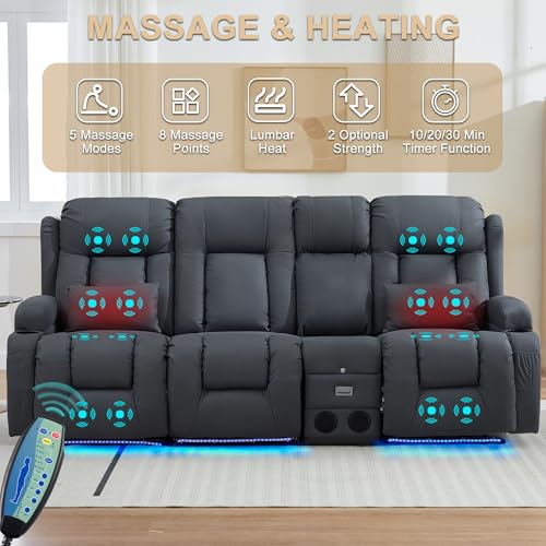 URRED Power Loveseat Recliner Sofa with Massage and Heat, Wall Hugger Reclining Loveseat with Console, RV Couch Home Theater Seating with LED Lights for Living Room (Blue Grey, 89.8" - 3 Seats) - color: Blue Grey, size: 89.8" - 3 Seats