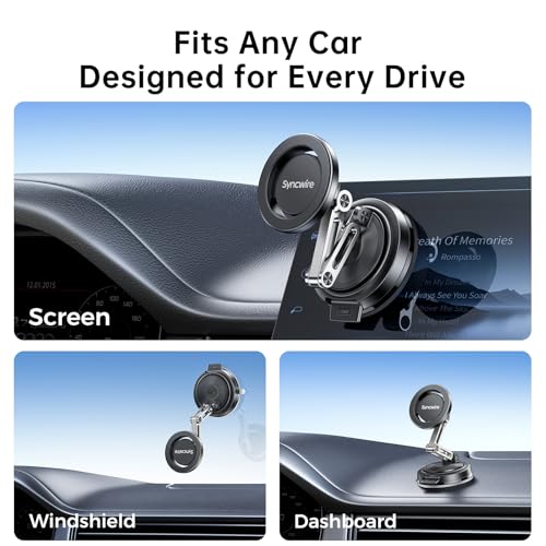 SYNCWIRE for MagSafe Car Mount [3-Axis Adjustable], Vacuum Magnetic Phone Holder with Replaceable Suction Cup Dashboard/Windshield, 360° Rotation & Foldable, for iPhone 17-12 Pro Max Plus - color: Black