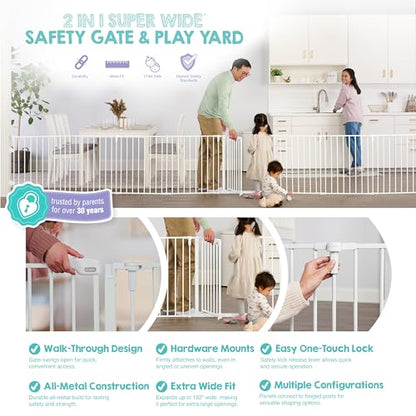 Regalo Safety 192" Super Wide Baby Gate & Play Yard, 2-in-1 Convertible Extra Wide Safety Barrier, Hardware Mounted for Toddlers & Pets, Tested & Safe for 30 Years, American Designed & Owned, White - color: White, style: 50.5-192"W x 28"H