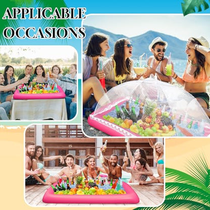Leitee 5 Pcs Inflatable Serving Bar Kit Includes Salad Buffet Tray with Drain Plug Mesh Food Cover Food Drink Containers and Inflator for Ice Supplies Summer Party Camping Picnic(Pink) - color: Pink