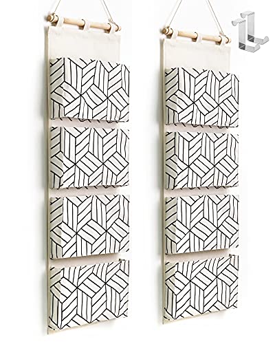 CROWNED 2Pcs Over Door Hanging Storage Bags Wall Mount Closet Organizer, 4 Big Pockets Linen Cotton Fabric Living Room Bedroom Bathroom File Magazine Waterproof Free Hooks White - color: White