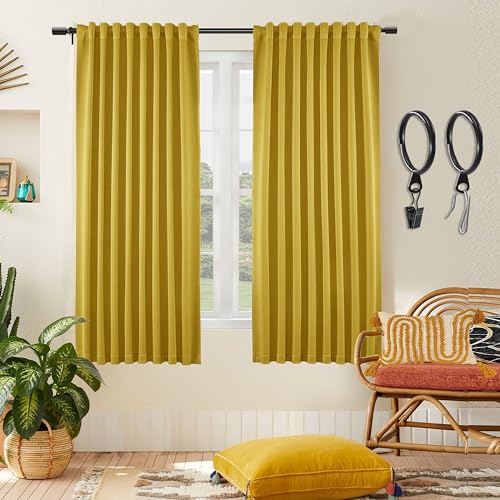 SHINELAND Mustard Yellow Retro Blackout Curtains 63 Inch Length, Thermal Insulated Boho Bright Color 70s Funky Curtains for Bedroom Living Room 2 Panel Set - color: Mustard Yellow, size: 52"W x 63"L (Pack of 2)