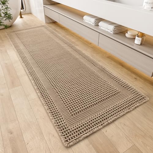 AMOAMI Waffle Bath-Mat, Absorbent Bath Mats for Bathroom Non Slip, Machine Washable Bathroom Rugs with Tassels Ultra Soft Boho Bath Rugs for Floor 2'x4'(24"x48") Beige - color: Beige, size: 24"x48"