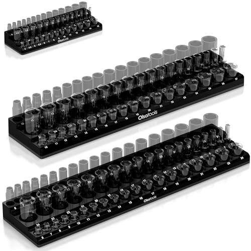Olsa Tools 3-Row Magnetic Socket Organizer - 1/4", 3/8" & 1/2-Inch Drive Metric Socket Holder Set - Professional Tool Holder and Organizer - Stores up to 141 Sockets - Black - color: Black, size: 3pc Metric
