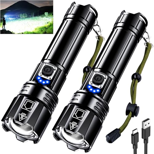 AKNEAR Rechargeable LED Flashlight 99000 High Lumens, Super Bright Flashlights with Zoomable & USB C Rechargeable & 5 Light Mode & IPX7 Waterproof, Powerful Flash Light for Home, Hiking, Camping - size: 2 Pack, style: Standard Display
