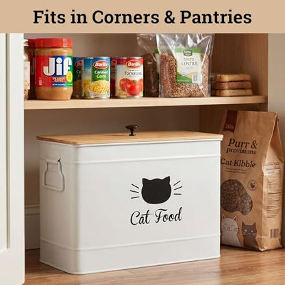 Cat Food Storage Container with Scoop - 15 lb (50 Cup) Capacity Metal Cat Food Container with Airtight Bamboo Lid & Metal Scoop - Airtight Pet Food Storage Containers - 15 lb Treats & Kibble Container - color: White