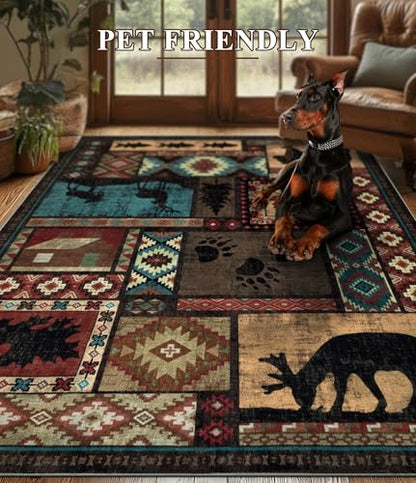 YIHOUSE Rustic Cabin Area Rug 6x9,Machine Washable Lodge Bear Rug,Non-Slip Low Pile Print Pattern Southwestern Rug for Living Room Bedroom - color: Brown, size: 6' x 9' (Rectangular)