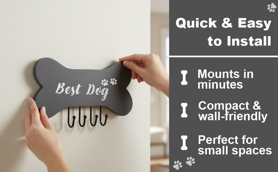 DEVLA Farmhouse Key Holder for Wall - Decorative Dog Leash Hanger and Coat Rack Wall Mount with 4 Unique Hooks - Dog Accessories Organizer for Rustic Home Decor (White)