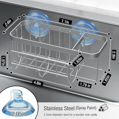3-in-1 Kitchen Sink Caddy Organizer with Sponge Holder, Brush Holder, Extra Rack for Scrubber, Sink Stopper, Dish Cloth Hanger - Strong Dual Suction Cup, 2.0mm SUS304 Stainless Steel - Silver - color: Silver