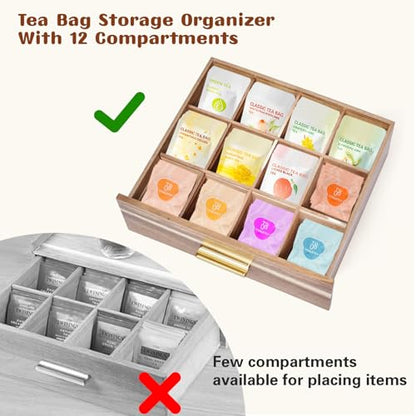 NANXITU Acacia Wood Tea Holder Organizer,Tea Box Organizer Storage Box,Tea Caddy for Tea Bags Organizer Drawer,with12 Compartments Multi-Functional Tea Station Chest for Countertop
