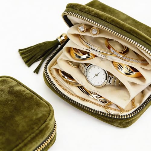Small Travel Jewelry Pocket Case with Zipper for Women | 6-Layer Soft Velvet Organizer Pouch, Anti-Scratch Portable Bag for Bracelets,Rings, Earrings&Necklaces,Use&Gift (Olive Green) - color: Olive Green