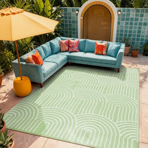 Lahome Large Outdoor Rug 8x10 for Patio, Green Beach Mats Waterproof, Camping Rugs for Outside Your Rv, Portable Proch Carpet for Backyard Under Awning (Rainbow Green, 8'x10') - color: Green-rainbow, size: 8' x 10' (Rectangular)