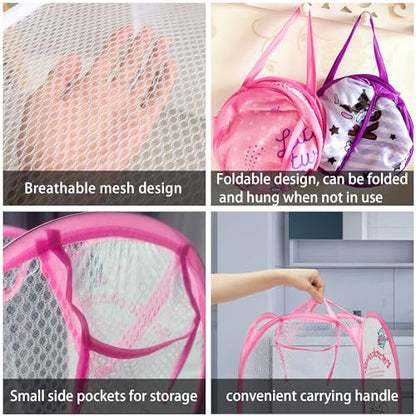 Cute Mesh Popup Laundry Hamper with Carry Handles, Large Capacity Foldable Lightweight Dirty Clothes Basket for Girls Room, Dorm | Travel & Camping - color: Pink-1-4