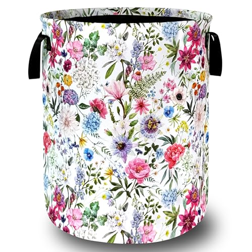 Watercolor Flower Floral Laundry Basket Foldable With Handles Tote Bag Oxford Cloth Colorful Laundry Hamper Clothes Storage Bucket Toy Organizer 18.9" x 16.5" For Bathroom/Laundry/Bedroom - color: Bright Flowers Colorful Floral-