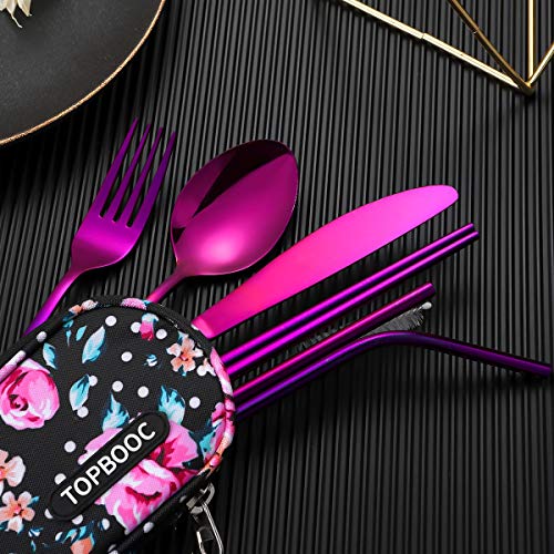 Travel Utensils,Reusable Silverware Set To Go Portable Cutlery Set with a Waterproof Carrying Case for Lunch Boxes Workplace Camping Picnic (Purple) - color: Purple