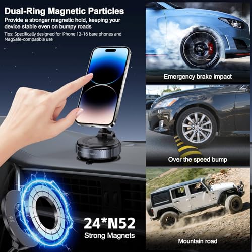 Jikasho Vacuum Magnetic Car Phone Holder for Magsafe, Hands-Free 360° Adjustable Suction Cup Phone Mount for Car/Gym/Mirror/Smooth Surface, Compatible with iPhone & Android (Black) - color: Black