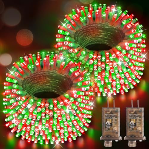Hezbjiti 2 Pack 1000 LED 403 FT Christmas String Lights Outdoor, 8 Lighting Modes IP44 Waterproof Fairy Lights with Timer and Dimmable Function for Party Tree Decorations (Red+Green, Clear Wire) - color: Red+Green, size: 1000LED 403FT Clear Wire (2 PACK)