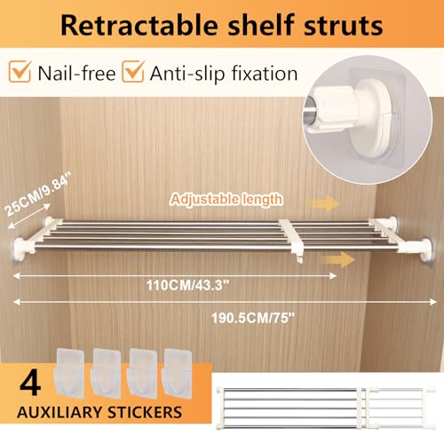 BAOYOUNI Adjustable Closet Tension Shelf Rod Expandable Clothes Hanging Rail Pole Dividers Wardrobe Space Saving Storage Organizer Ivory, 46.85-75 Inches - size: (46.85-75) IN