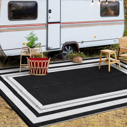 GarveeHome Outdoor Plastic Straw Rug 9x12 Waterproof Patio Rug Reversible Camping Modern Geometric Black/White Panel - color: Black/White Panel, size: 9' x 12' (Rectangular)