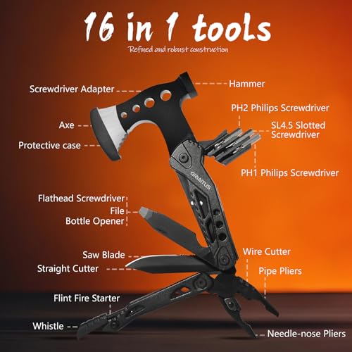 16 in 1 Multitool Survival Gear for Camping & Hiking, Multi Tool with Axe, Hammer, Pliers, Saw, Screwdrivers & Whistle, Camping Accessories and Gifts for Men Dad Husband - color: Black