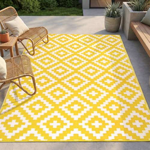 FH Home Outdoor Rug - Waterproof, Fade Resistant, Reversible - Premium Recycled Plastic - Geometric - Large Patio, Deck, Sunroom, Camping, RV - Aztec - Yellow & White Crease Free - 6 x 9 ft - color: Aztec - Yellow & White, size: 6' x 9' (Rectangular)