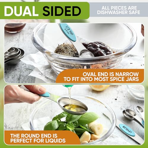 Spring Chef Magnetic Measuring Cups & Spoons Set, Patented, Strong Magnets, Heavy Duty Stainless Steel Fits in Spice Jars for Baking & Cooking, BPA Free, Round Set of 15 with Leveler, Aqua Sky - color: Blue (Aqua Sky), size: Set of 15