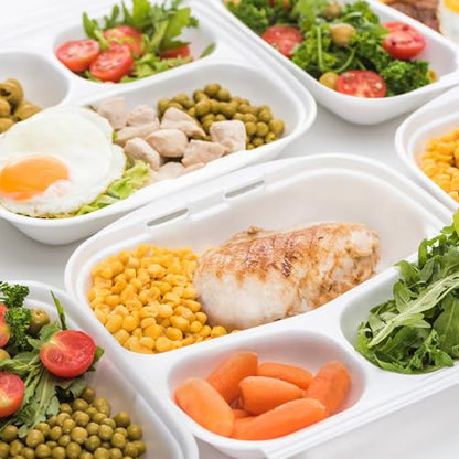 Freshware Clamshell Food Containers with Lids [9x9"] 3-Compartment 200-Pack, Disposable To Go Containers, Biodegradable Sugarcane To Go Boxes - Paper Containers - Microwave & Freezer Safe, Stackable - size: 9 x 9 Inch, 200 Pack