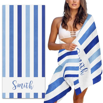 MeMoShe Personalized Beach Towel with Name Custom Microfiber Kids Beach Towels Sand Free Quick Dry Pool Towel Blanket Stripes Print Beach Towels for Adults 30x60 Inch - color: Multi-color 20