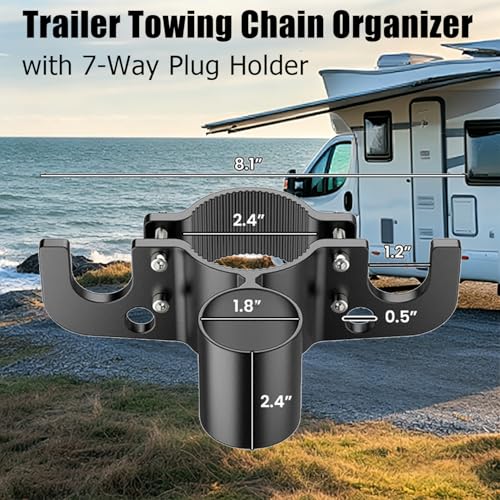 Aluminum Trailer Chain Holder, Trailer Towing Chain Organizer with 7 Way Rv Chain Plug Holder Cover, Heavy Duty Anti-Rust Cable Wire Harness Holder for 2" 2¼" Tongue Jack RV Camper Towing Accessories