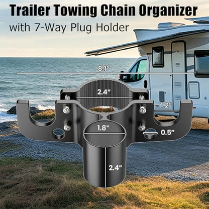 Aluminum Trailer Chain Holder, Trailer Towing Chain Organizer with 7 Way Rv Chain Plug Holder Cover, Heavy Duty Anti-Rust Cable Wire Harness Holder for 2" 2¼" Tongue Jack RV Camper Towing Accessories