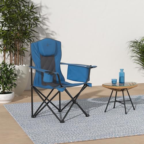 ARROWHEAD OUTDOOR Portable Deluxe Folding Camp Quad Chair w/Headrest, Glass & Cup Holders, Armest 6-can Cooler, Heavy Duty Carry Bag, 550 lbs Weight Capacity - color: Blue