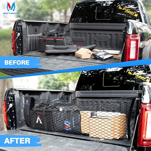MICTUNING Truck Bed Cargo Net Highly Elastic Cargo Net with Storage Bag Small Mesh Durable Storage Organizer Compatible for 2013-2024 Chevy Silverado (16.9"" X 49"" to 62""), Black - size: 49x16.9Inch for Pickup