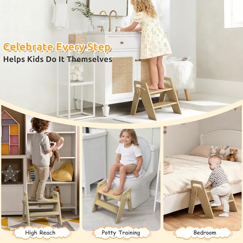 Wooden 2 Step Stool for Toddler Kids Bathroom Foldable 2-Step for Toilet Potty Training, Child Stepping Stool for Kitchen Nursery Bedroom - color: Wooden