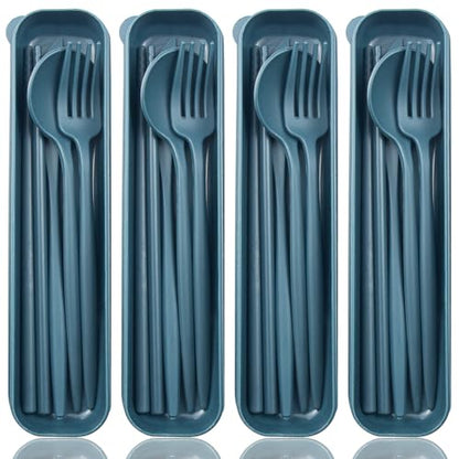 ELANE 4 Sets Reusable Travel Utensils Set with Case,Camping Cutlery Set Reusable Cutlery Set with Case,Utensil Sets for Lunch Picnic Daily Use Outdoor (darkblue) - color: darkblue