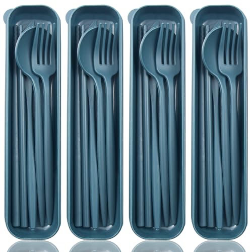 ELANE 4 Sets Reusable Travel Utensils Set with Case,Camping Cutlery Set Reusable Cutlery Set with Case,Utensil Sets for Lunch Picnic Daily Use Outdoor (darkblue) - color: darkblue