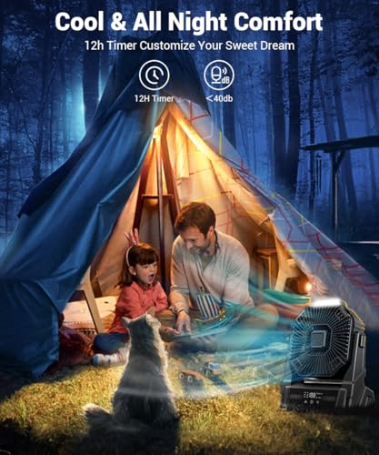 KopBeau Portable Camping Fan with Lights, 20000mAh Rechargeable Battery Operated Fan, Battery Powered Outdoor Beach Tent with 3 Speeds & Hook, Personal USB Table for Camping Accessories Black - size: Medium