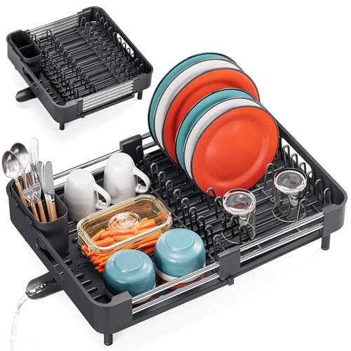 TOOLF Dish Drying Rack Expandable Drainer w/Cutlery & Cup Holder, Black | Stainless Steel &PP, Extenable 12.6" to 18.7"D, Anti-Rust, Auto-Drainage, Space-Saving, Fit for Various Sink Countertops - color: Black