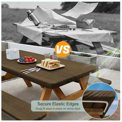 Play Tailor Picnic Table Cover with Bench Covers Camping Essentials Waterproof Windproof Camping Tablecloth with Drawstring Bag, Fitted Rectangle Tables and Seats, 72in, Dark Brown - color: Dark Brown, size: 72in