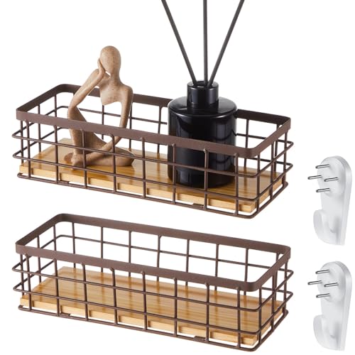Funrous 2 Pcs Metal Small Wire Basket Wall Hanging Wire Basket Hang Small Bathroom Kitchen Storage Organizer Toilet Paper Mesh Storage Bin Shelf Rack with Base(Brown,9.84 x 3.94 x 2.76 Inches) - color: Brown, size: 9.84 x 3.94 x 2.76 Inches
