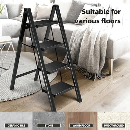 HillhutApex 4 Step Ladder, Lightweight Foldable 4 Step Stool with Anti-Slip Wide Pedal, 330lbs Capacity Aluminum Ladder for Household,Office,Garage(Black) - color: Black, size: 4 Step