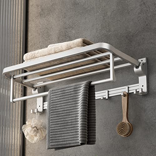 VOLPONE 24 Inch Towel Rack with Towel Bar Holder Foldable Towel Shelf with Movable Hooks Rustproof Towel Storage Wall Mount for Bathroom Lavatory Silver - color: Silver
